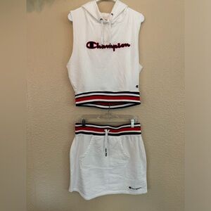 Champion Women's Campus Sleeveless Hoodie Hooded Sweatshirt‎ and skirt White,